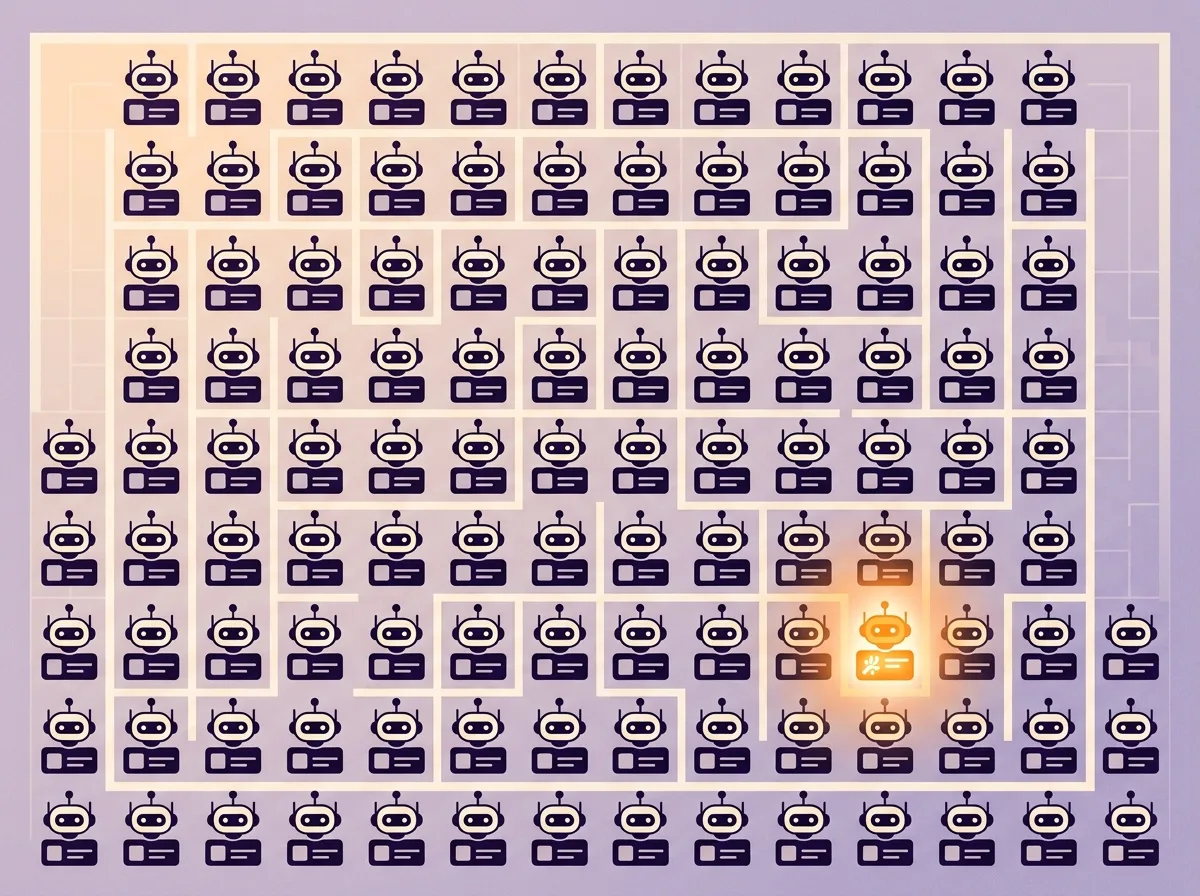 A visual representing AI company name homogenization - many similar names, one standing apart