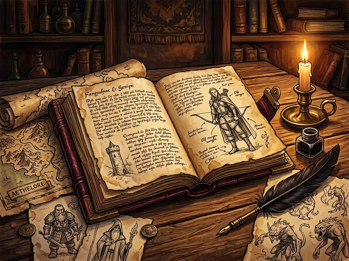 A leather-bound journal with character notes and maps, lit by candlelight