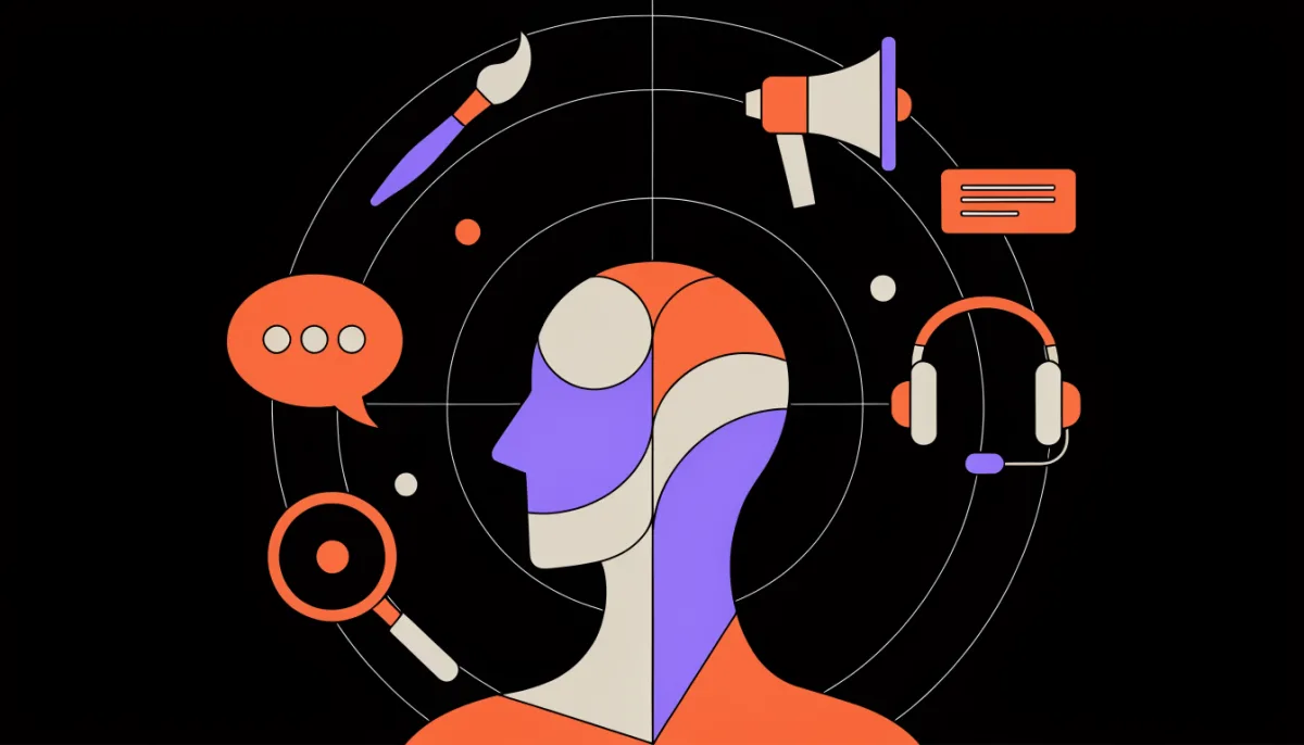 Solo founder surrounded by AI-powered brand tools for design, copywriting, research, marketing, naming, and support