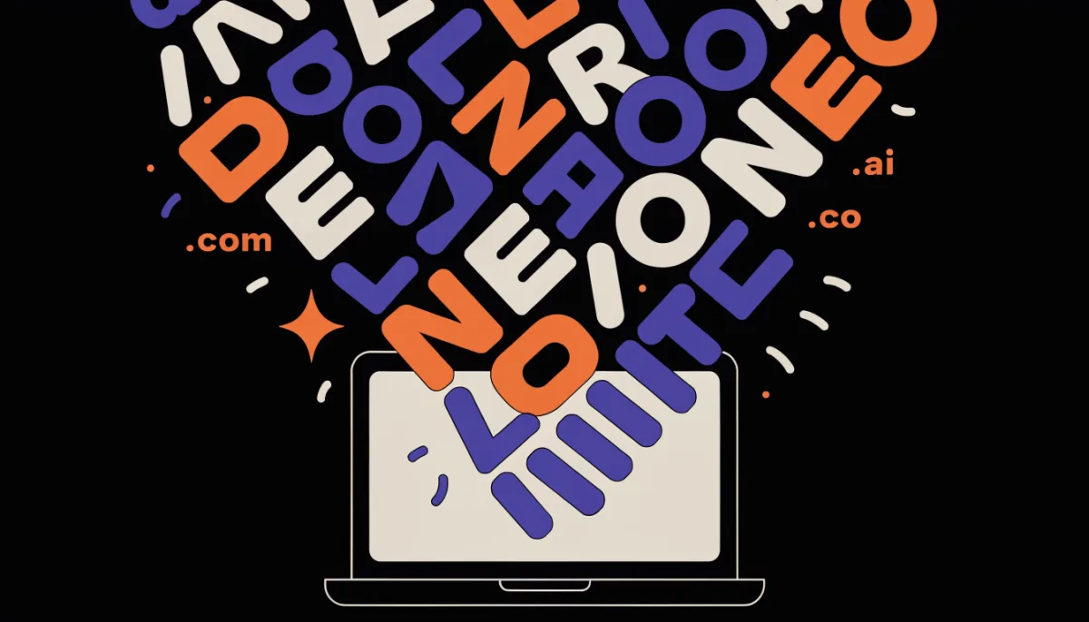 Letter tiles and domain extensions floating above a laptop, representing AI-assisted brand naming
